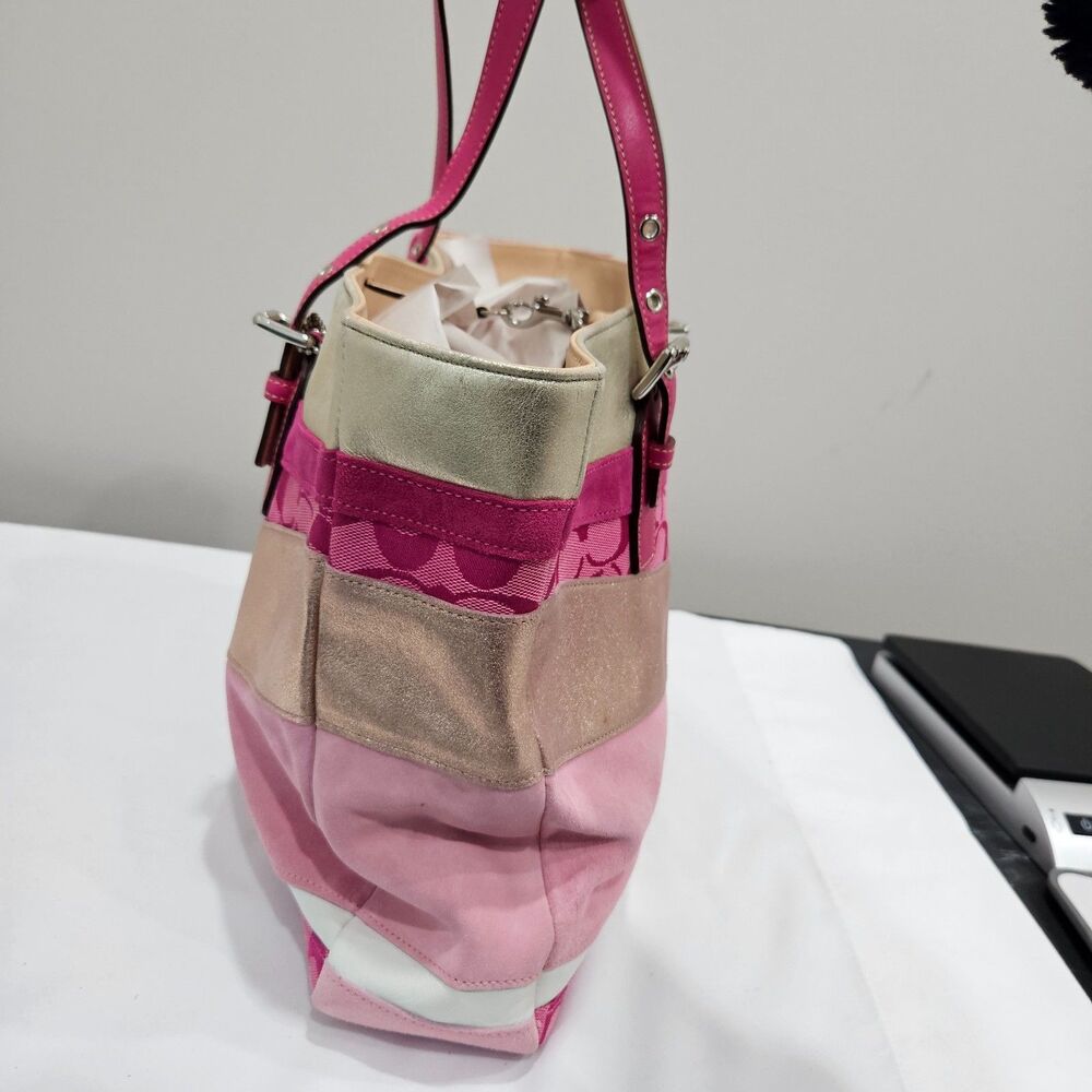 Vintage Coach Ltd Ed Signature Pink Wave Gallery Tote Bag Suede 1441 Multicolor - Picture 4 of 14